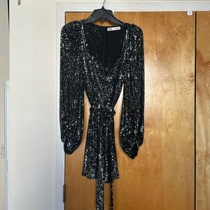 Zara Belted Sequin Mini Party Dress with Balloon Sleeves